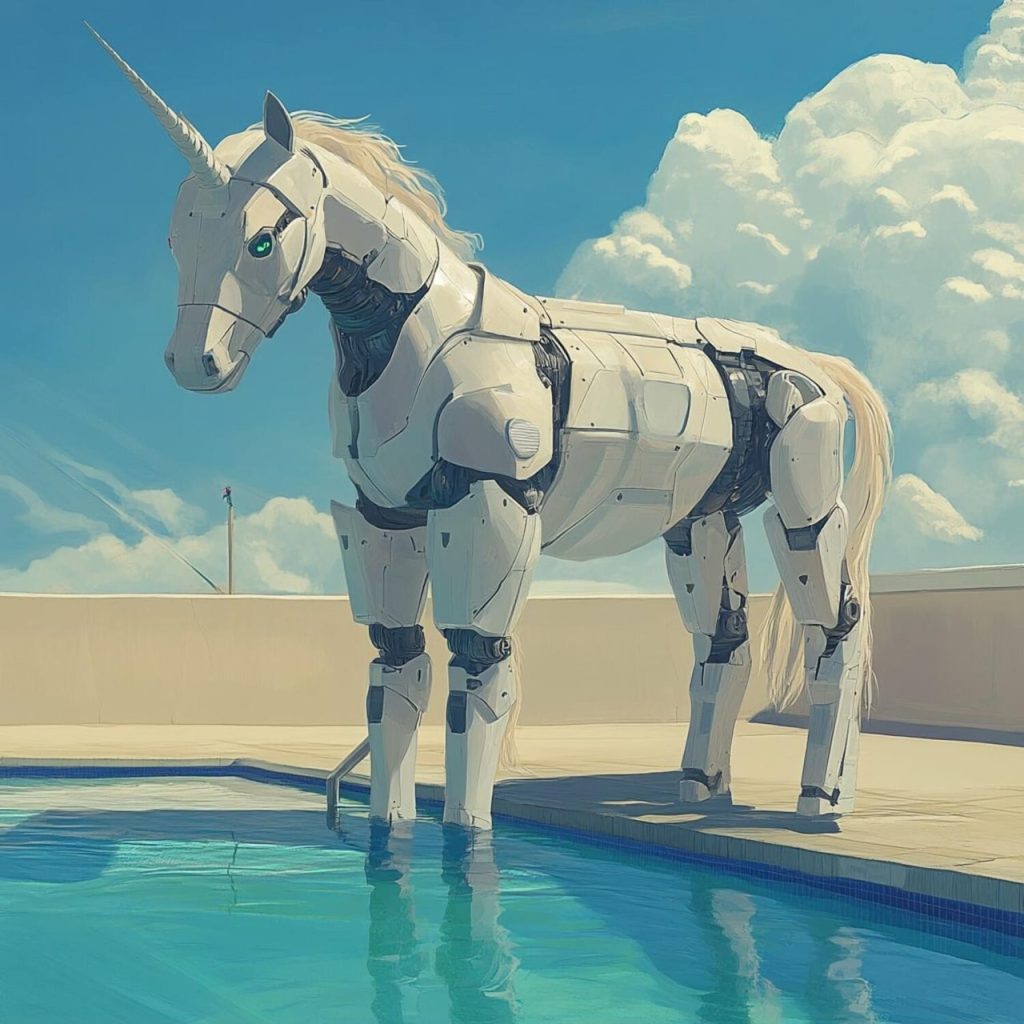 Une licorne au bord de la piscine